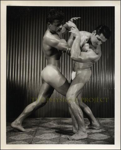 Bruce of LA Posing Strap Muscular Male Duo Wrestling Studio B&W Photo