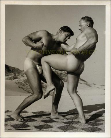 Bruce of Los Angeles Beefcake Duo Posing Strap Wrestling Duo B&W Photo