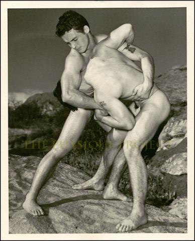 Early Western Photography Guild Location Male Duo Wrestling B&W Photograph
